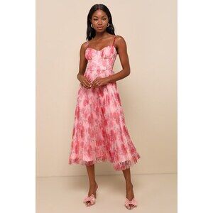 Lulus Alluring Invite Light Pink Floral Pleated Bustier Midi Dress - Size M